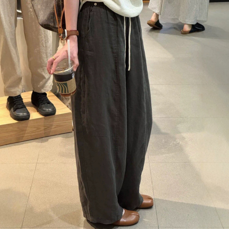 Gray-Green Linen Wide-Leg Pants for Women, Summer New Style, Plus-Size, Loose Fit, Slimming, Old Money Style, Casual Pants