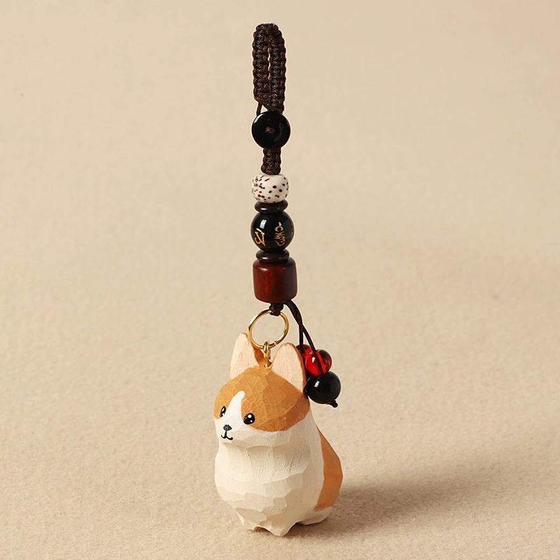 Handmade Wood Carving Keychain Pendant, Cute Dog & Fortune Designs, Birthday Gift, 10 g