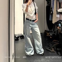 SUN11 美式复古浅蓝色牛仔裤女夏秋新款做旧宽松直筒休闲裤子