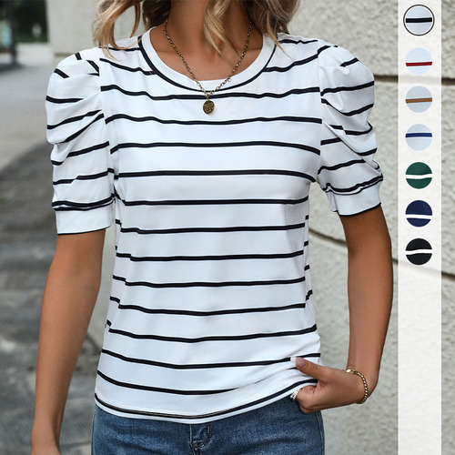 Amazon's independent site: Hot-selling Cross-Border Summer Fashion T-shirt for Women—Featuring Chic, Minimalist Design with Puff Sleeves and Striped Pattern