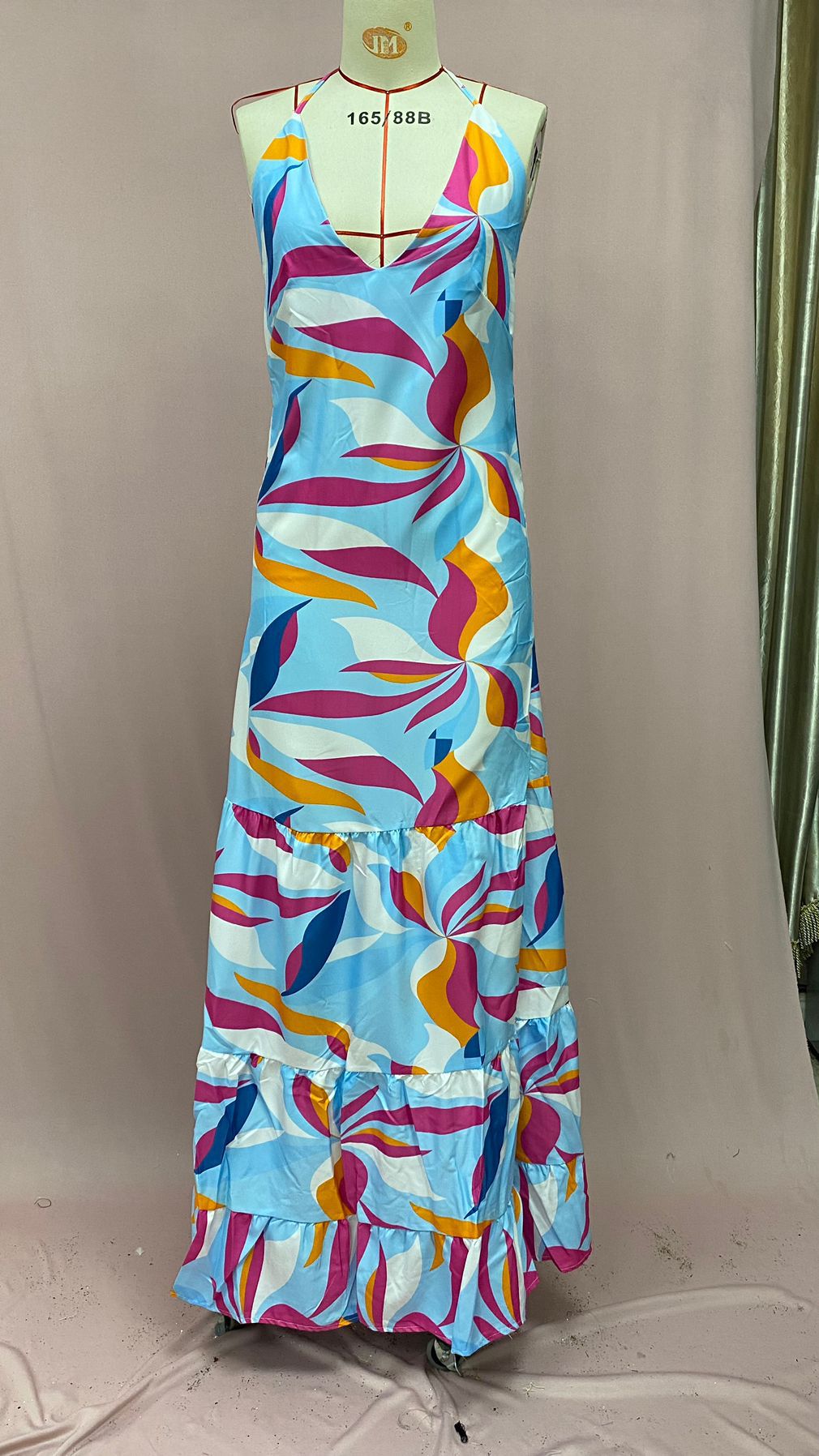 Summer Slimming Printed Dress Cinched Mid Length Dress Office Backless Slip Dress