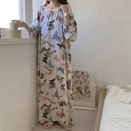 2025年新款棉绸长袖睡裙女加长到脚踝宽松款春秋夏季四季可穿
