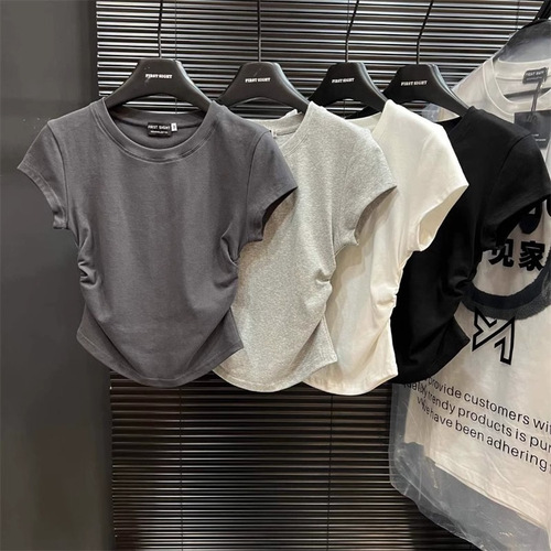 Ins babe pure desire waist-cinch t-shirt short sleeve women's summer solid color basic crew neck top women's fashion