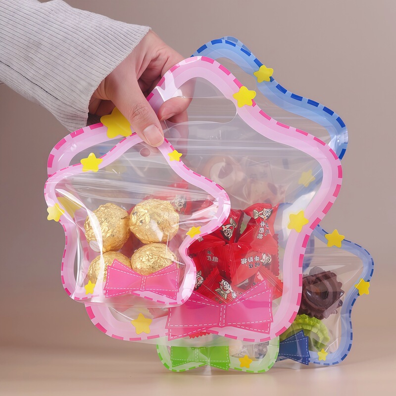 Cartoon Cute Star Bow Transparent Snack Candy Chocolate Chip Cookies Gift Zipper Sealed Bag