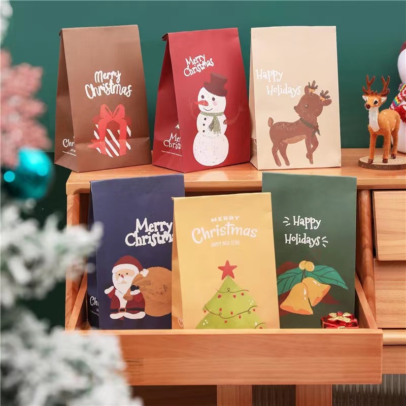 糖果平口袋两色印刷圣诞雪人树图案方底打包袋一次带淋膜纸袋