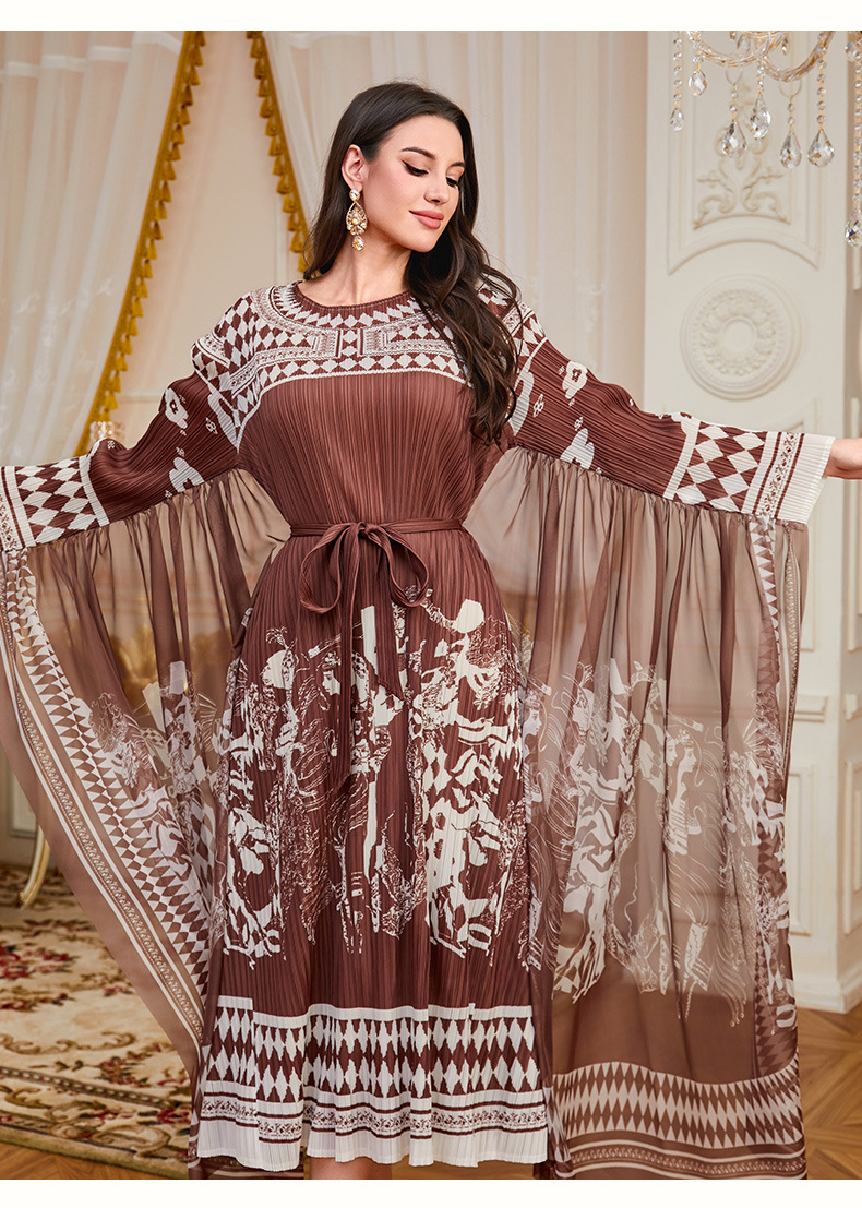 New Cross-border Pleated Printed Loose Bat-sleeve Heavy-duty Arabic Robe With Ties, Plus-size Elegant Dress For Women_ecoleips.com