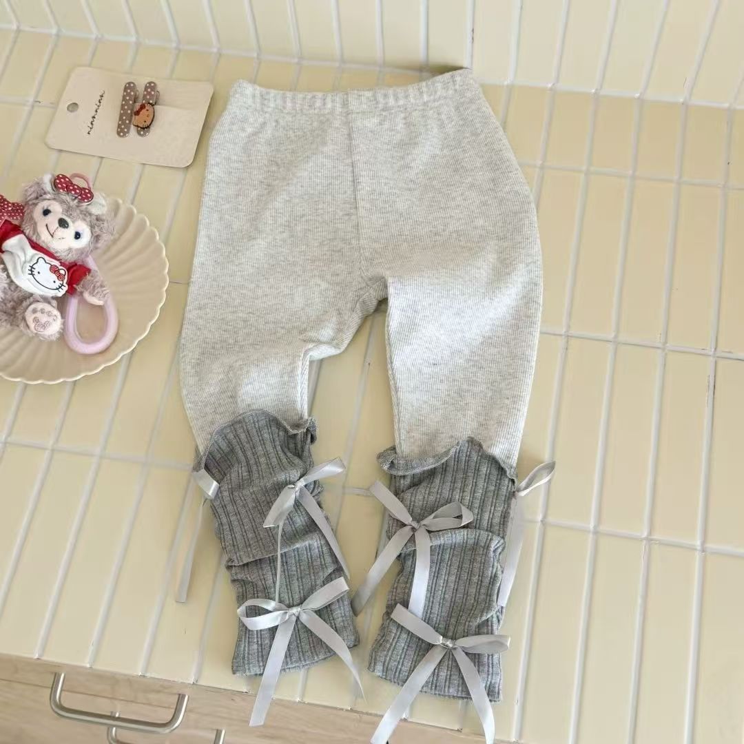 Spring and Autumn Girls' Leggings - Stylish and Trendy Color-Blocked Bow-Tie Long Pants for Outerwear