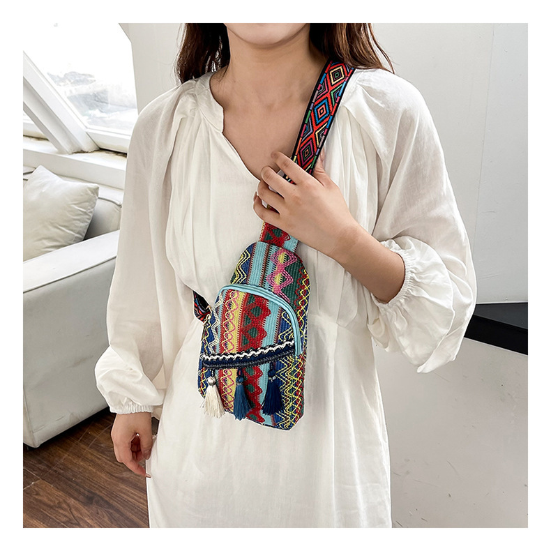 226g Weight Polyester Lining Material Zipper Closure Type Single Shoulder Strap Strap Type Fanny Pack Bags Type Casual, Travel Occasion Braid Material Geometric Pattern All Seasons Season Women's Gender Ethnic Style, Streetwear Style Square Shape Medium Size Women's Medium Braid Geometric Ethnic Style Streetwear Square Zipper Fanny Pack 2