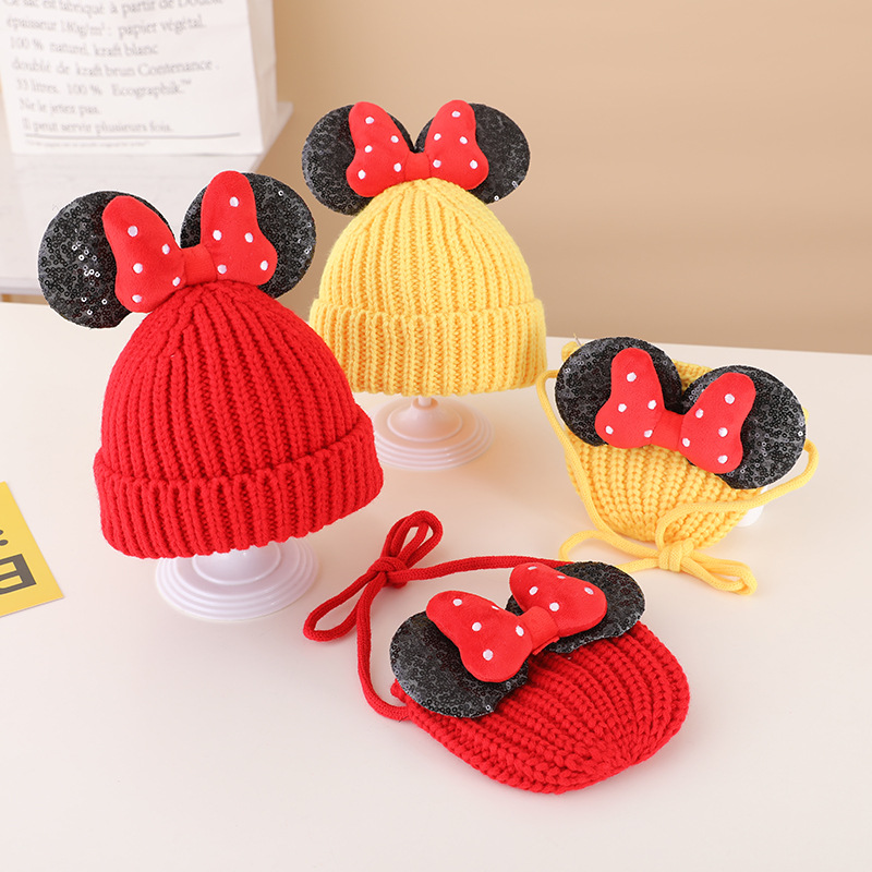 ins Children's Hat Wool Hat Sequin Bow Girls' Warm Knitted Hat Autumn and Winter Hat Bag Cute