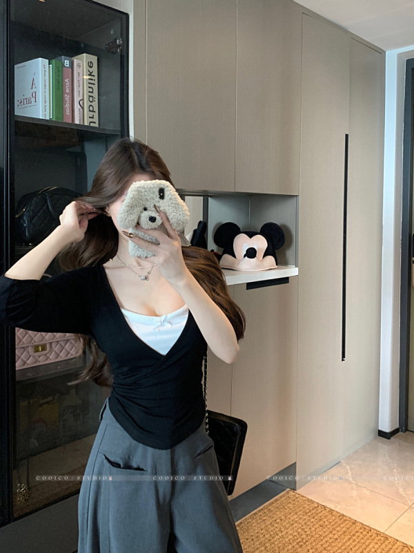 设计感别致假两件撞色长袖T恤女装秋季韩系别致减龄修身显瘦上衣|undefined