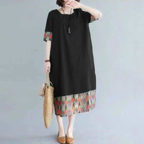 Ethnic-style retro color-blocking patchwork print short-sleeve dress for summer plus size loose youthful tunic women long dress