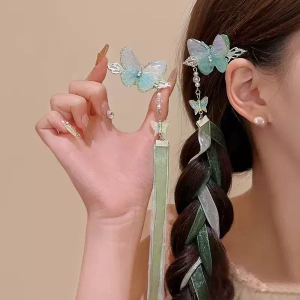 6009 Fresh Green Butterfly Tassel Hair Clip 1