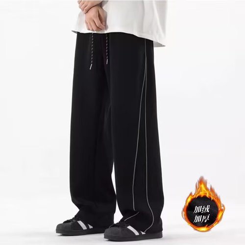 2025 Autumn/Winter New Fleece American Reflective Striped Wide Leg Casual Pants for Men Trendy Loose Straight Leg Pants