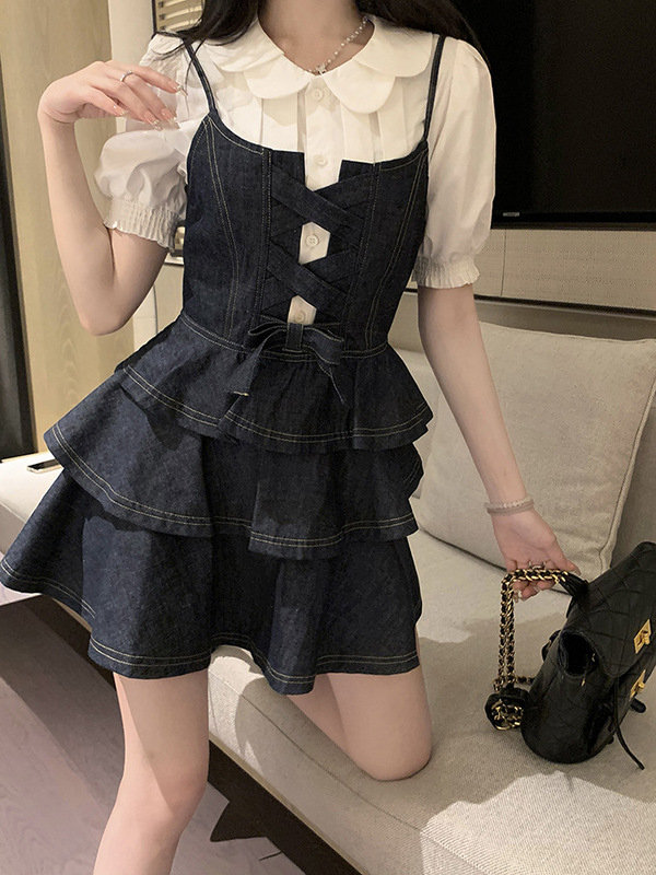 French Princess Tutu Skirt Small Sweet Cool Style Denim Strap Dress Doll Collar Shirt Two-piece Suit