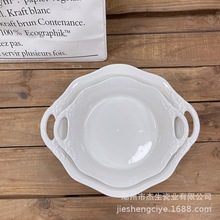 批發12.5寸陶瓷圓盤 創意歐式浮雕雙耳大擺盤 家用餐廳水果盤餐具