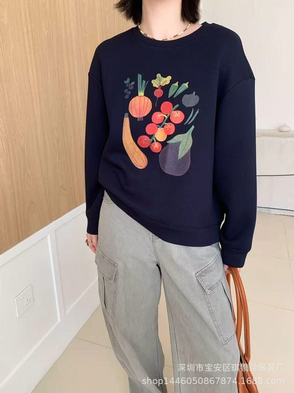 琪镌绘制秋季新款宽松休闲卫衣花卉印花女装圆领百搭卫衣运动上衣|undefined