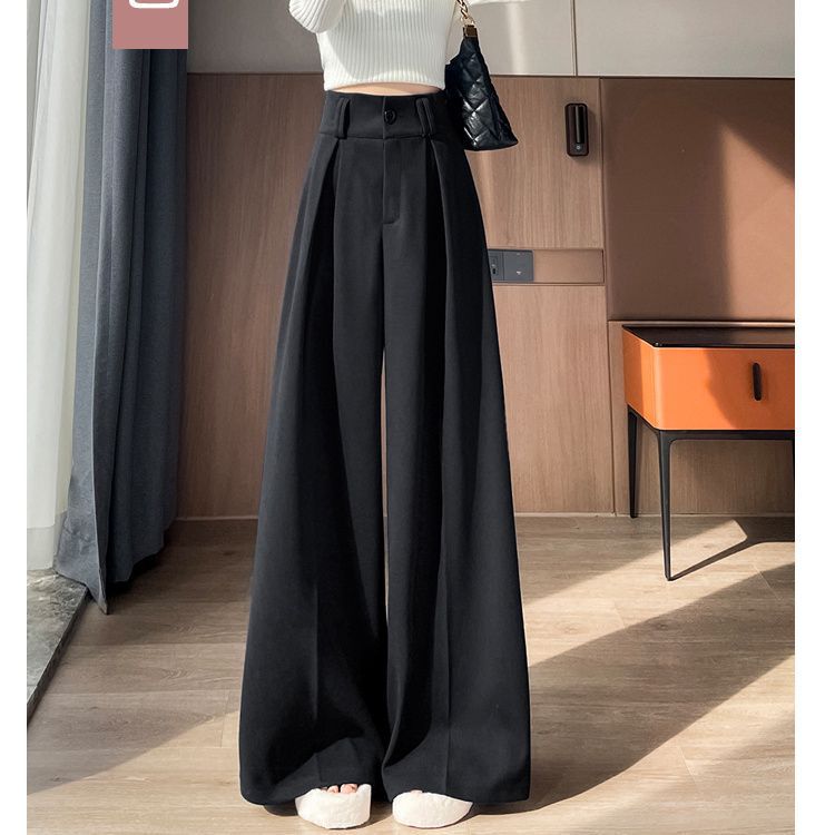 灰色加绒加厚毛呢阔腿裤女秋冬2025高腰显瘦直筒新款西装宽松|undefined
