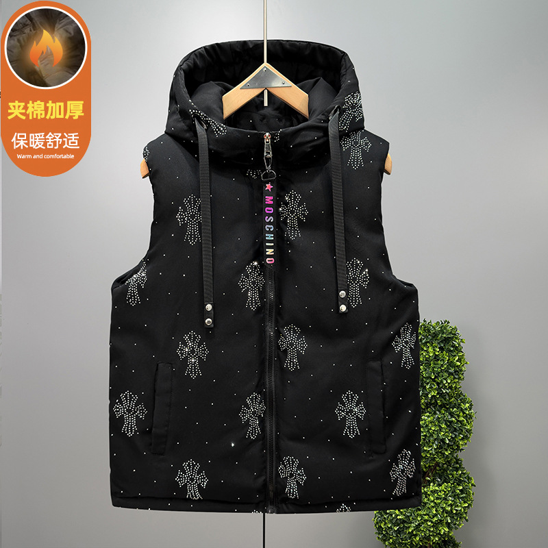Autumn and Winter New Trendy Brand Rhinestone Vest for Men and Women, Couple's Outerwear, Warm Sleeveless Vest, Trendy Loose Top Vest