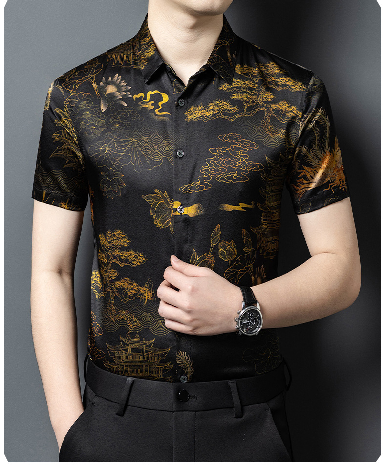 Áo sơ mi nam ngắn tay cổ điển thời Đường chất liệu tơ tằm mỏng — Màu hình 2913 chi tiết 12