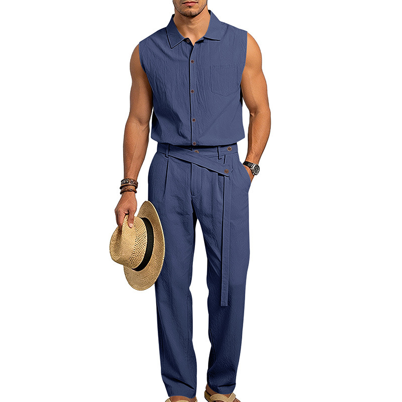 Men's Linen Blend Short Sleeve Shirt And Pants Set Breathable Casual Summer Outfit Comfortable Relaxed Fit_viptrois.com