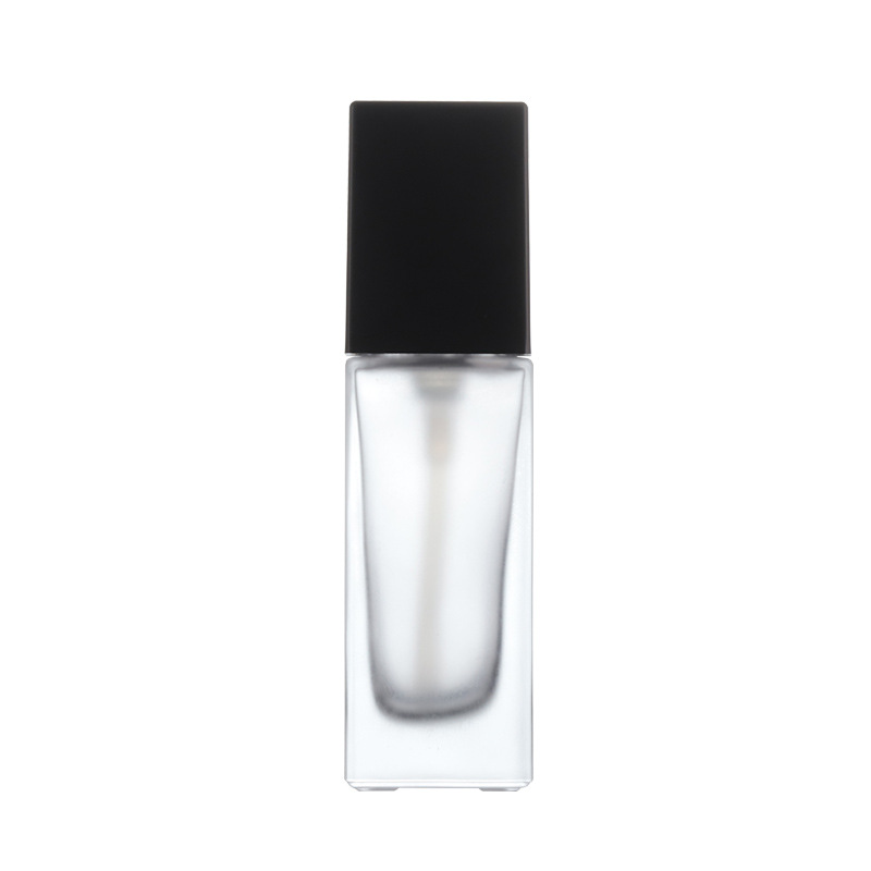 En stock 30ml botella cuadrada esmerilada base líquida botella de vidrio crema de protección solar loción cosmética sub-botella