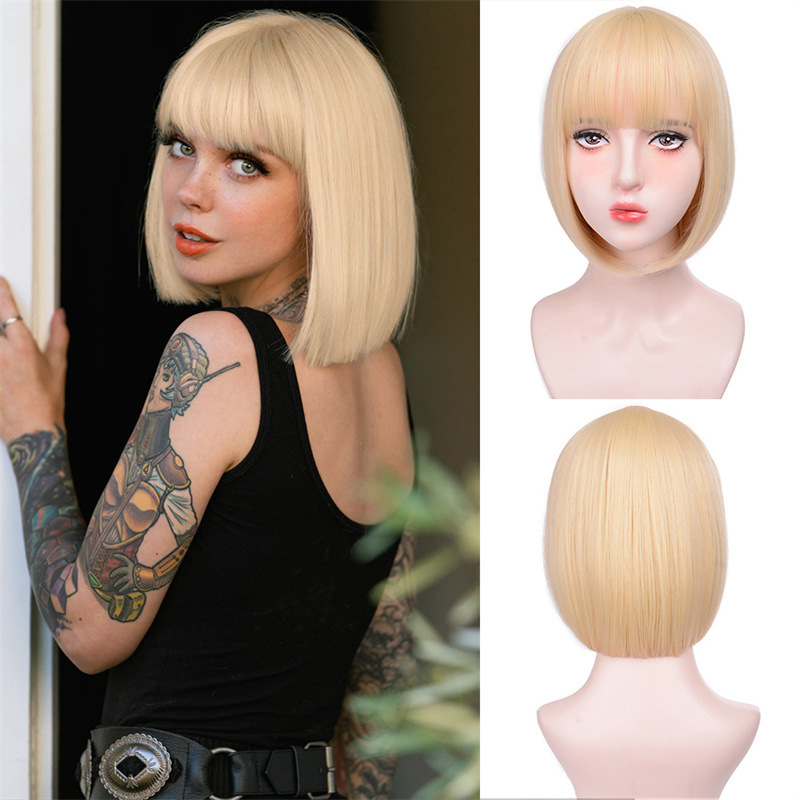 Factory direct sales European and American wigs for women with black bangs, short straight hair, BOBO chemical fiber wigs, full headgear, one-piece generation