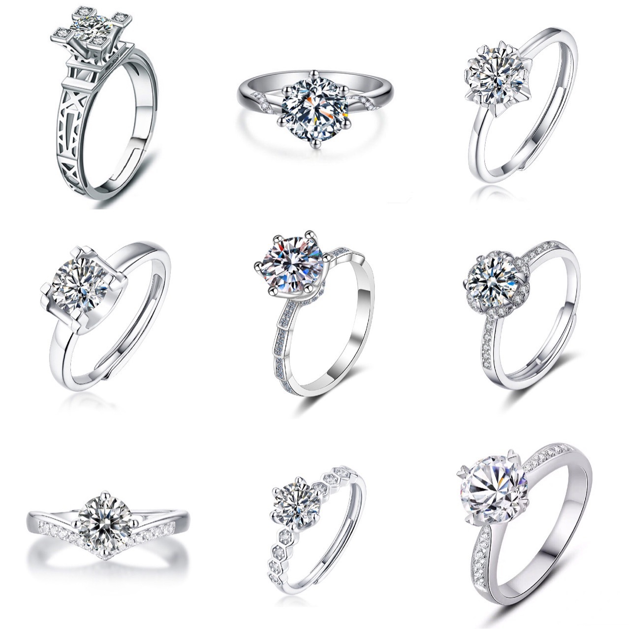 1 karat S925 Ring Korean Open Ring Simulation Diamond Ring Fashion Personality Inlaid Six Claw Women's Engagement Gift