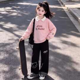 中大童甜美可爱学院风女童春秋兔子刺绣卫衣格纹拼接休闲裤套装潮
