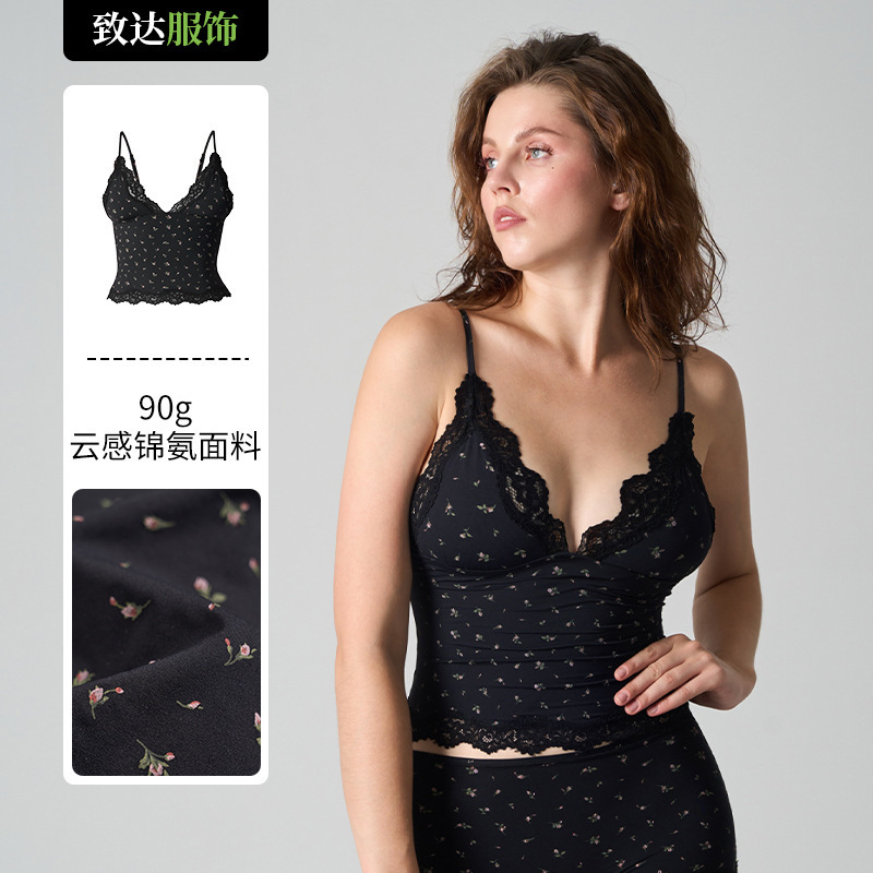 Skims Same Style Print Triangle Cami Black Lace Floral V Neck Sexy Camisole