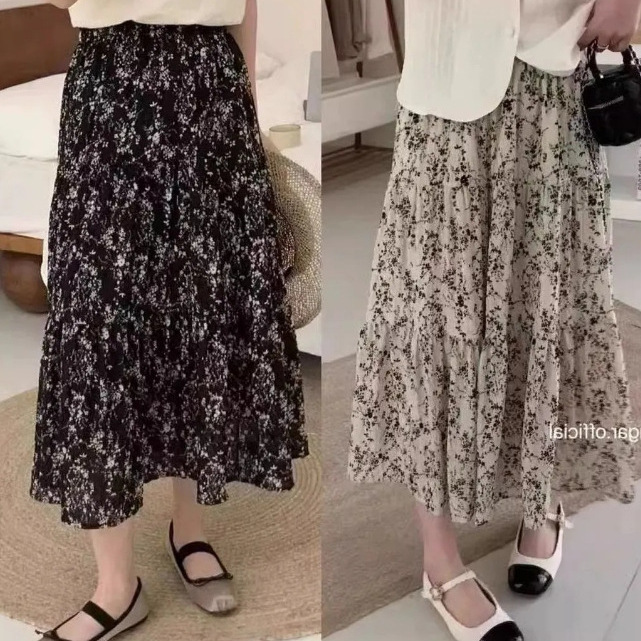 Elegant Floral Petite Midi Skirt for Women, Mid-Length A-Line High Waist Hip-Covering Over-The-Knee Skirt, New Summer 2025