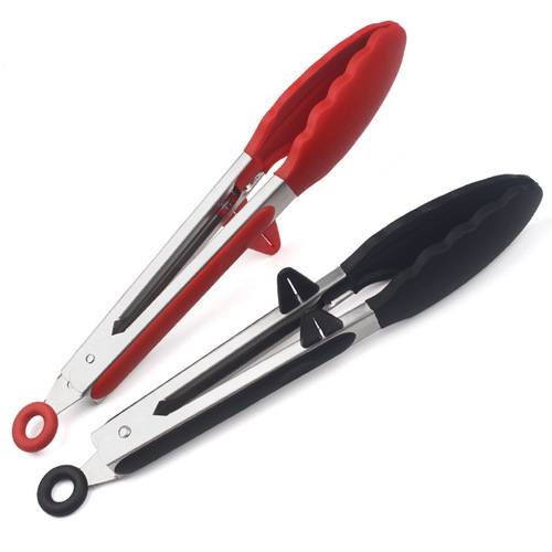 High temperature resistant silicone food tongs 9-inch 12-inch stainless steel barbecue bread tongs kitchen gadgets