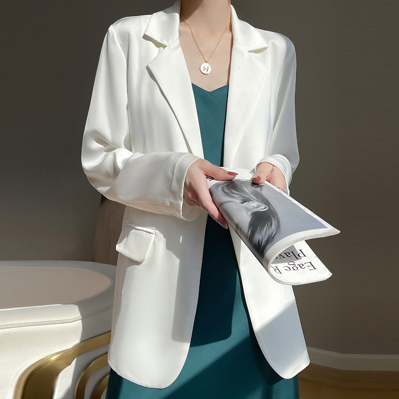 Advanced Acetic Acid Suit Jacket Satin Suit Top White Dape Texture Casual Professional Spring and Summer Small Suit Advanced Acetic Acid Suit Jacket Satin Suit Top White Dape Texture Casual Professional Spring and Summer Small Suit