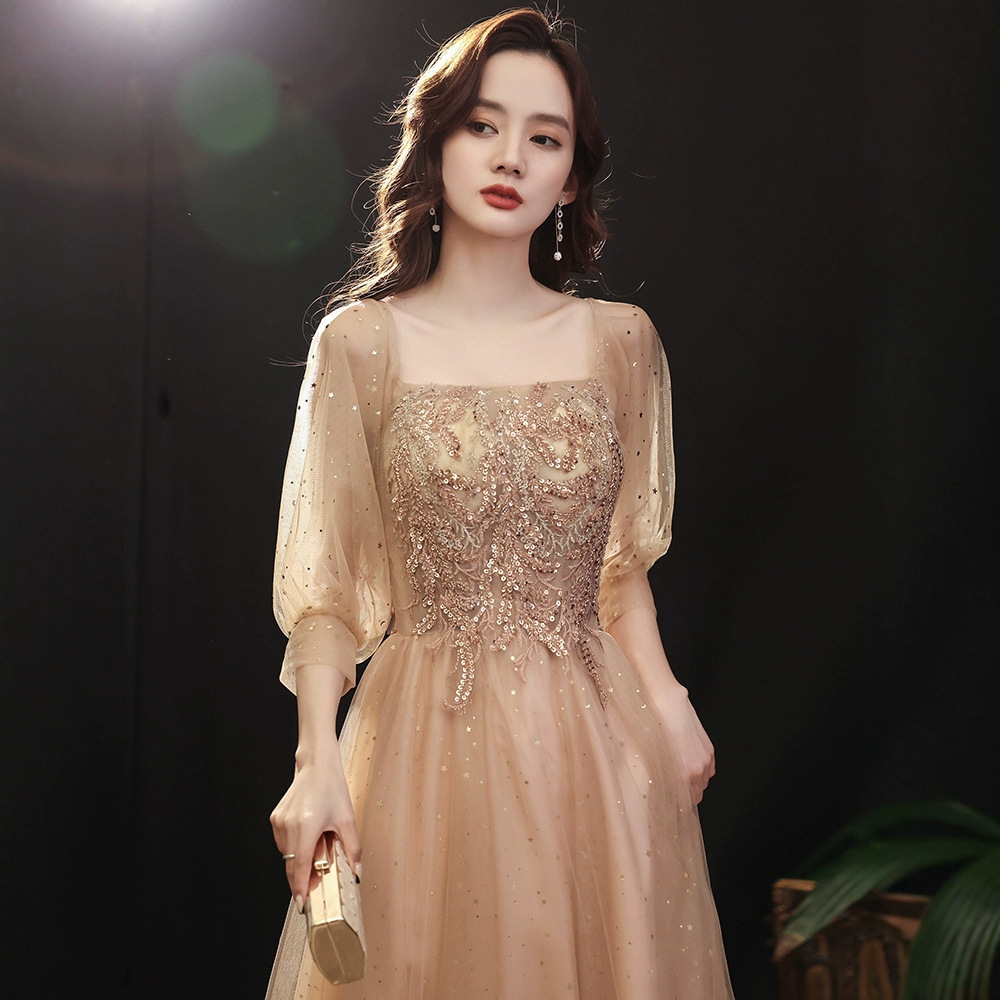 Engagement evening dress women's banquet elegant high-end host student art exam vocal toast dress bride mid-length