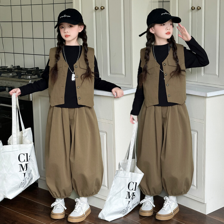 여자 옷 가을 어린이 캐주얼 세트 빈티지 세트 조끼 보토밍 셔츠 블러머 3 피스 세트