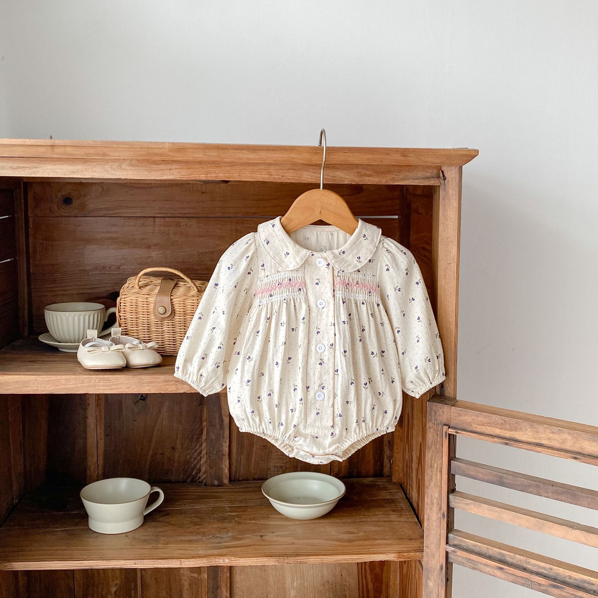 Cotton children's clothing 2024 autumn new item for infants and young girls, long sleeved khaki, wavelet dot flower_voghion.com