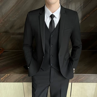 男士修身三件套西装商务正装韩版潮流伴郎新郎结婚礼服单扣黑西服
