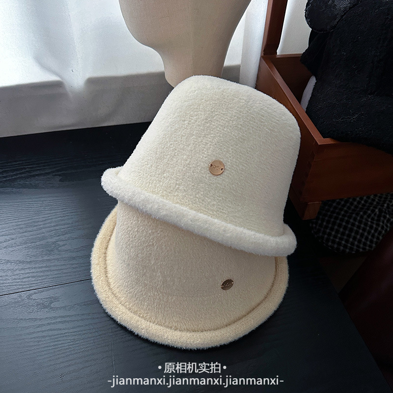 毛绒绒日系卷边盆帽女冬季加厚保暖盆帽优雅圆顶淑女帽子简约纯色|undefined