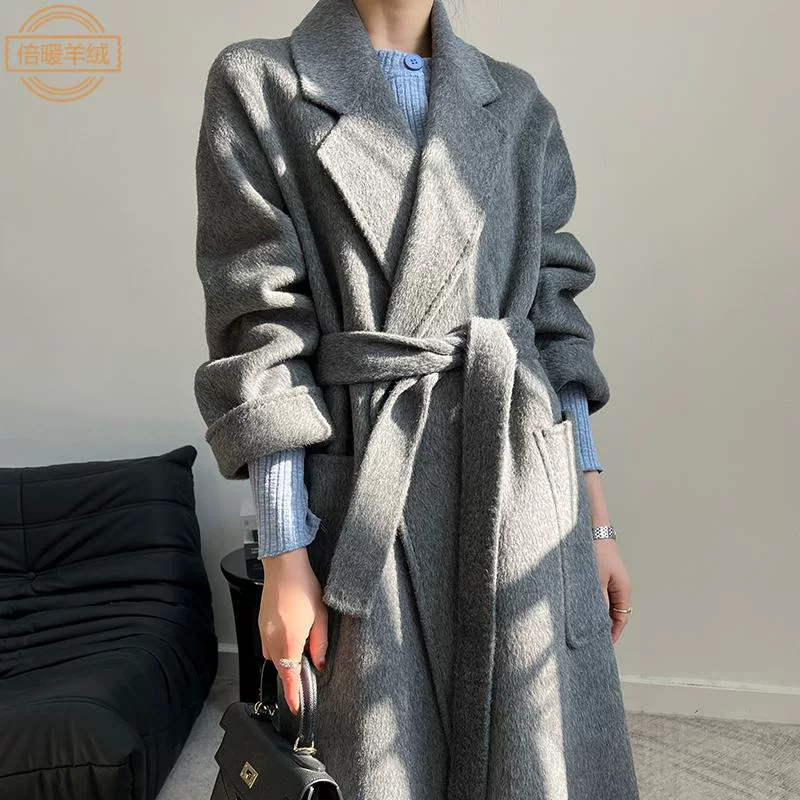 Демисезонный бархатный альпака, пальто, куртка, длинный двусторонний шерстяной костюм, высококачественный стиль