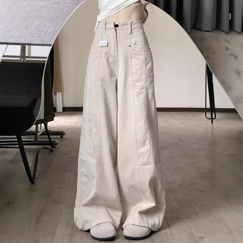 American-style trendy brand casual work denim jeans for women, new retro loose high-waist versatile straight-leg wide-leg long pants