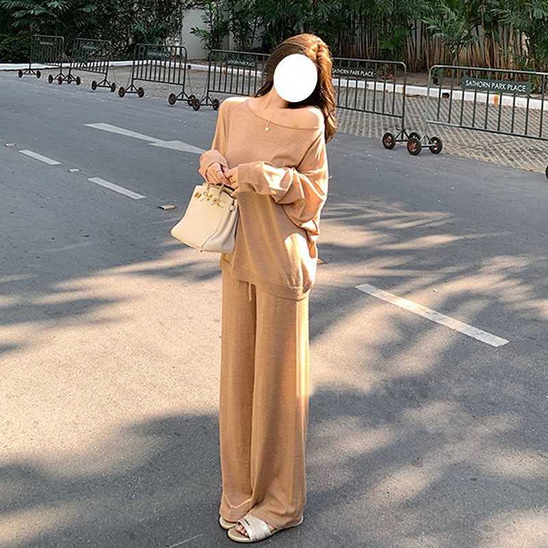 7659韩版慵懒风秋季新款设计感辣妹斜肩针织上衣松驰感阔腿裤套装|undefined