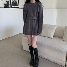 韩版收腰显瘦毛衣裙女中长款洋气圆领套头针织打底衫配腰带连衣裙