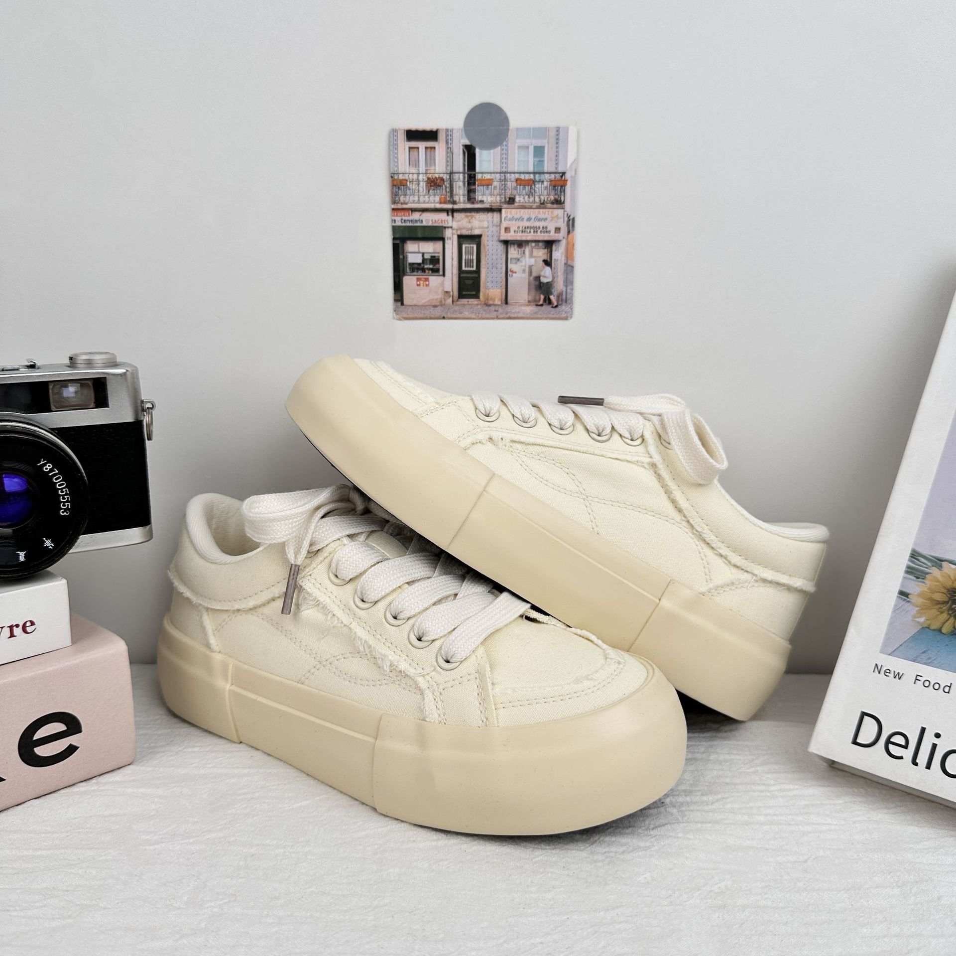 Zapatos de lona de fondo grueso de ondas distantes para mujeres 2025 nuevo verano transpirable delgado versátil zapatos blancos casuales zapatos de patinaje image 9