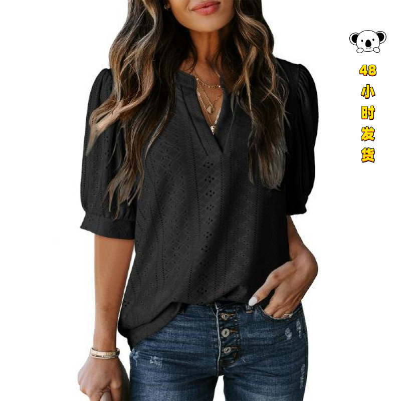 D 72340 V-neck hollow bubble sleeve T-shirt D 72340 V-neck hollow bubble sleeve T-shirt