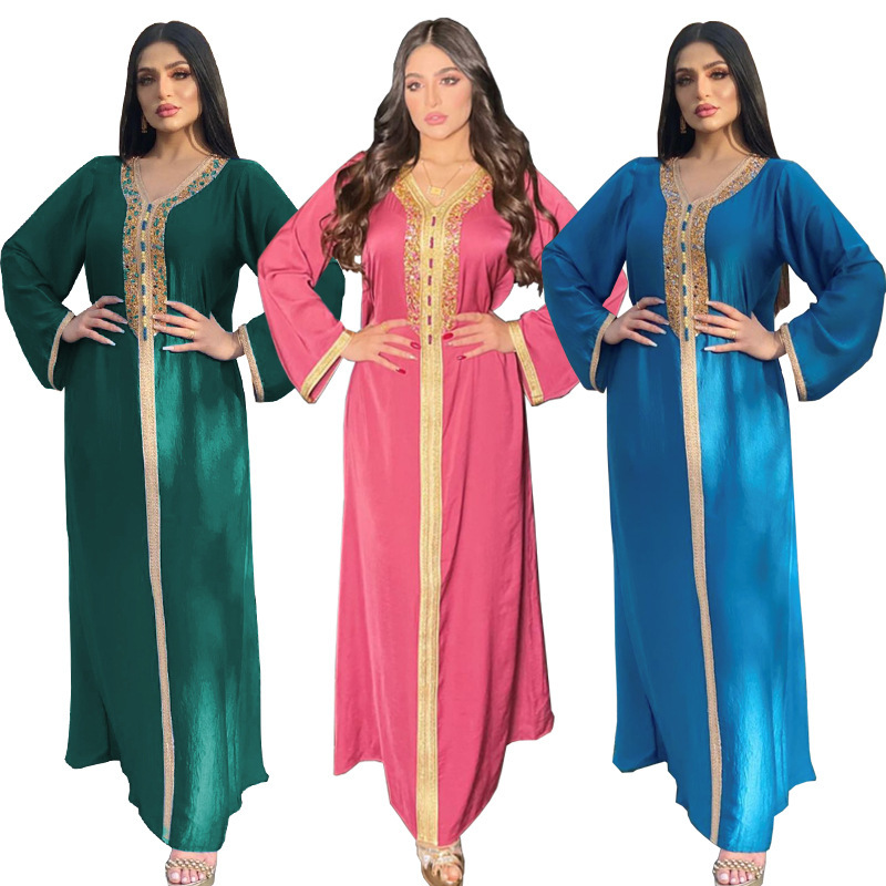 Ab073 Cross-Border Fashion Women's Dress with Rhinestones, Ribbon Lace, Fashionable Long Dress, Pullover Dress, Velvet