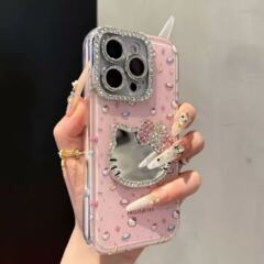 新しい立体猫ミラーダイヤモンド携帯電話ケース Apple 16pro 携帯電話ケース 15promax かわいい 14 に適しています