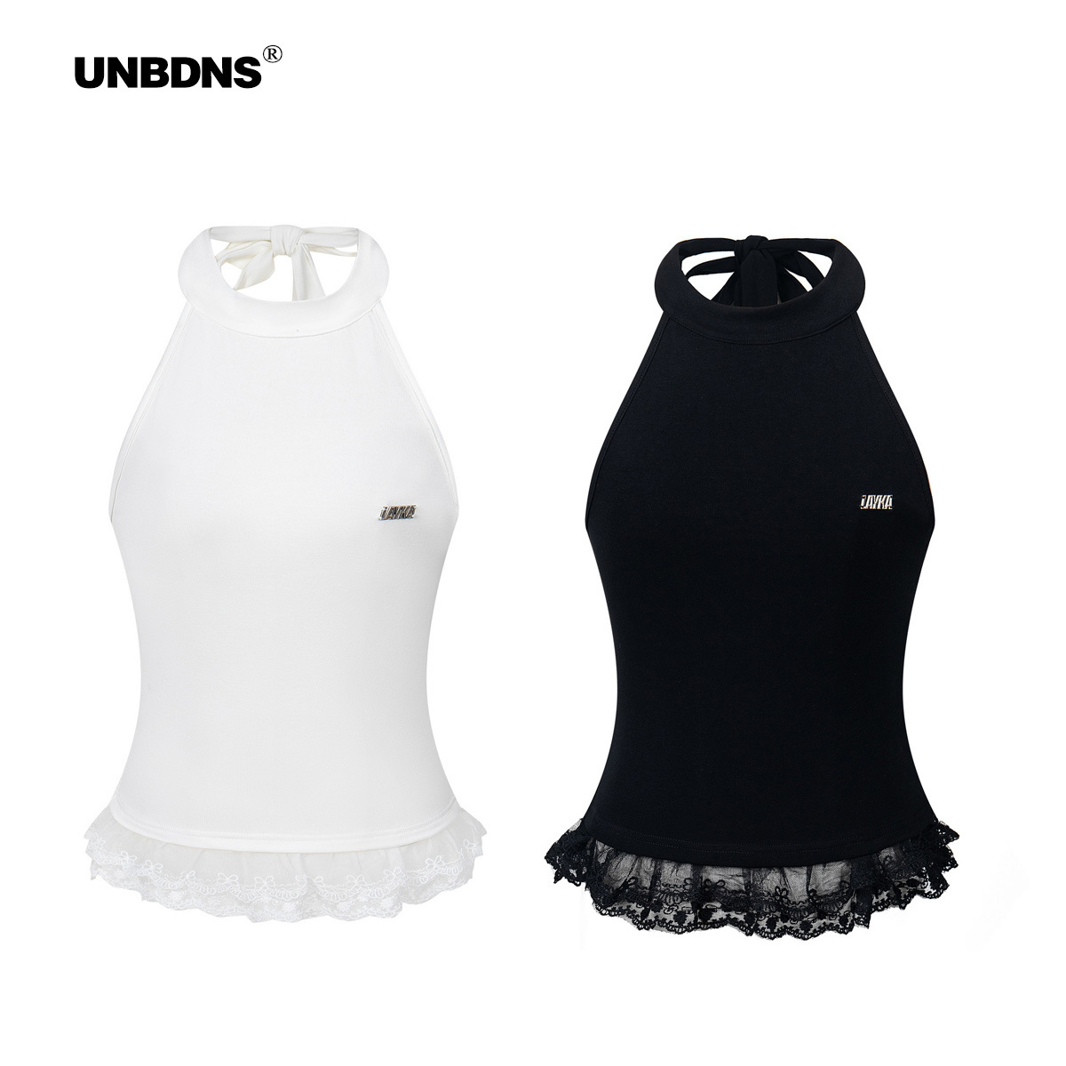 UNBDNS White Lace Halter Neck Tie Top for Women, Summer Unique Style, Layered with Bow, Slim Fit