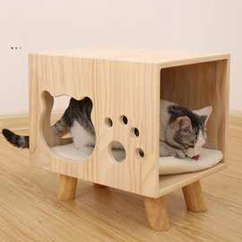 木质猫窝猫凳木制宠物窝猫窝宠物玩具一体半封闭式实木猫房子