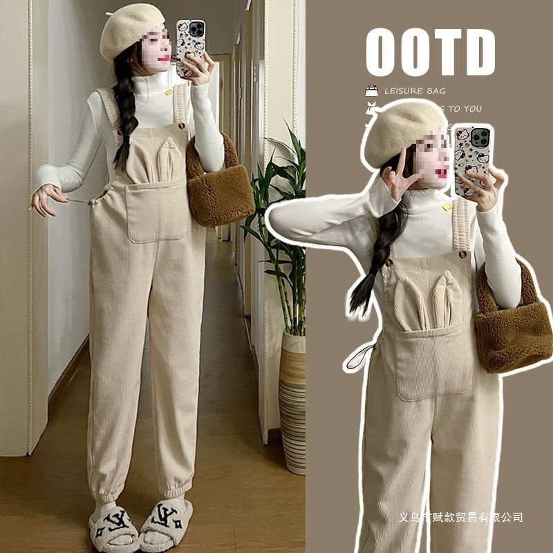 秋冬新款孕妇韩版可爱减龄加绒加厚大码显瘦休闲宽松型背带裤套装