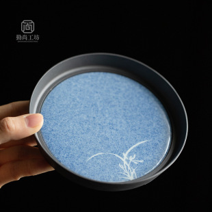 Sprinkling Blue Hand-painted Orchid Pot Bearing Ceramic Cover Bowl Bottom Bracket Dry Bubble Plate Pot Mat Tea Ceremony Accessories Household Fruit Plate