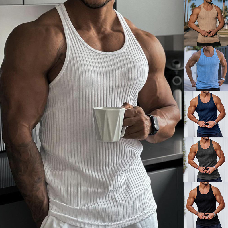 Cross-border Foreign Trade Summer Knitted Vertical Stripe Fitness Sports Leisure Slim Men's Vest Men's I-shaped Vest Men's